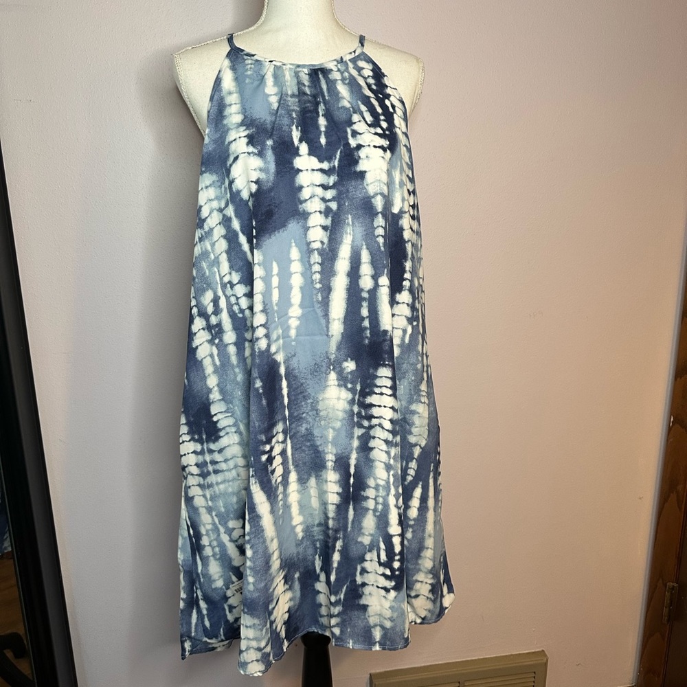 NEW Blue Tie Dye A Line Halter Dress w/ pockets XL